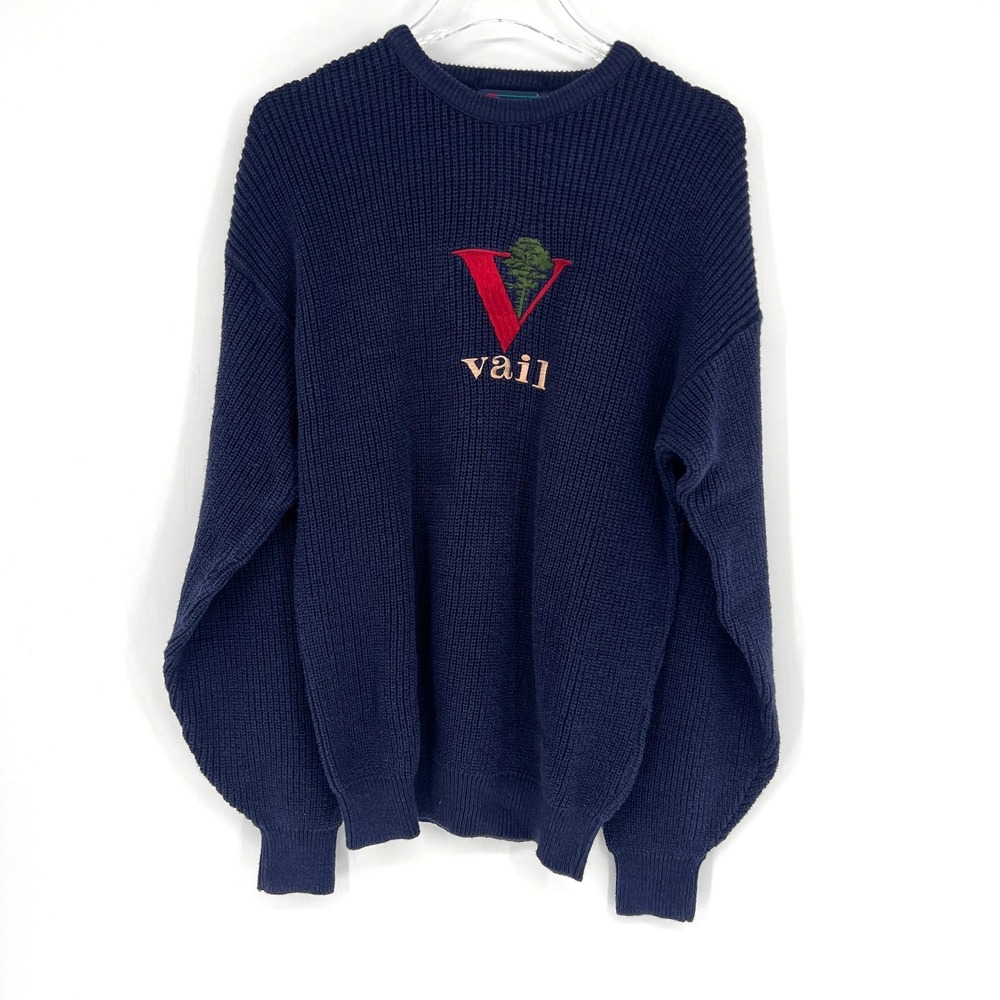 Vtg Isle‎ of Cotton Vail Colorado Sweater Unisex L Blue Embroidered 90s Preppy